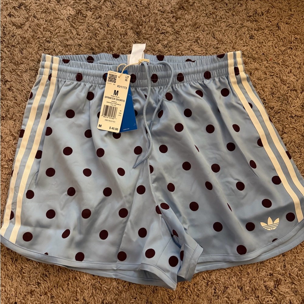 NWT adidas Light Blue Shorts with Maroon Polka Dots